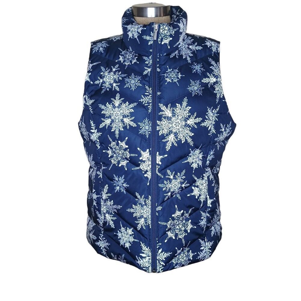 Lands' End Women’s Quilted Puffer Down Vest Zip Blue White Snowflake Size M